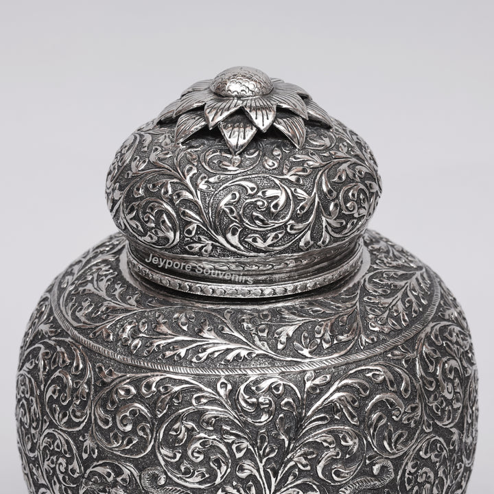 Handcrafted Silver-Plated Copper Decorative Vase with Dome Lid