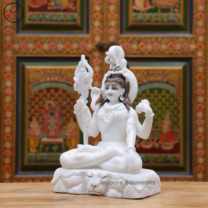 Handcrafted Pure White Marble Lord Shiva Idol with Trishul &amp; Serpent