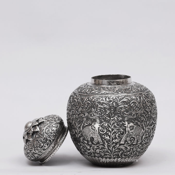 Handcrafted Silver-Plated Copper Decorative Vase with Dome Lid