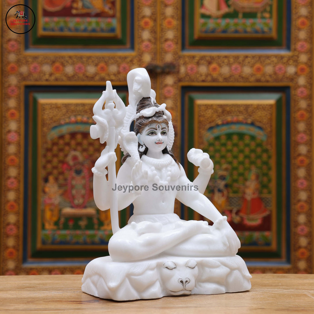 Handcrafted Pure White Marble Lord Shiva Idol with Trishul &amp; Serpent