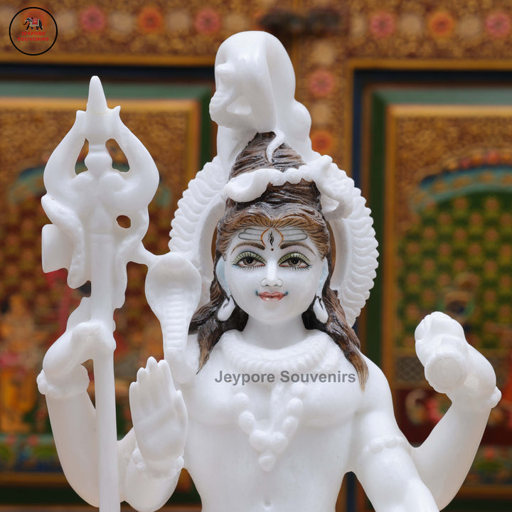 Handcrafted Pure White Marble Lord Shiva Idol with Trishul &amp; Serpent