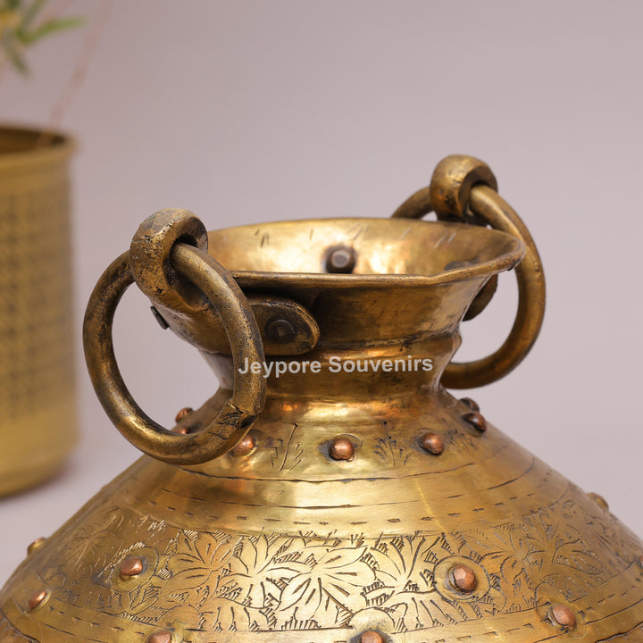 Handcrafted Antique Brass Planter with Ring Handles