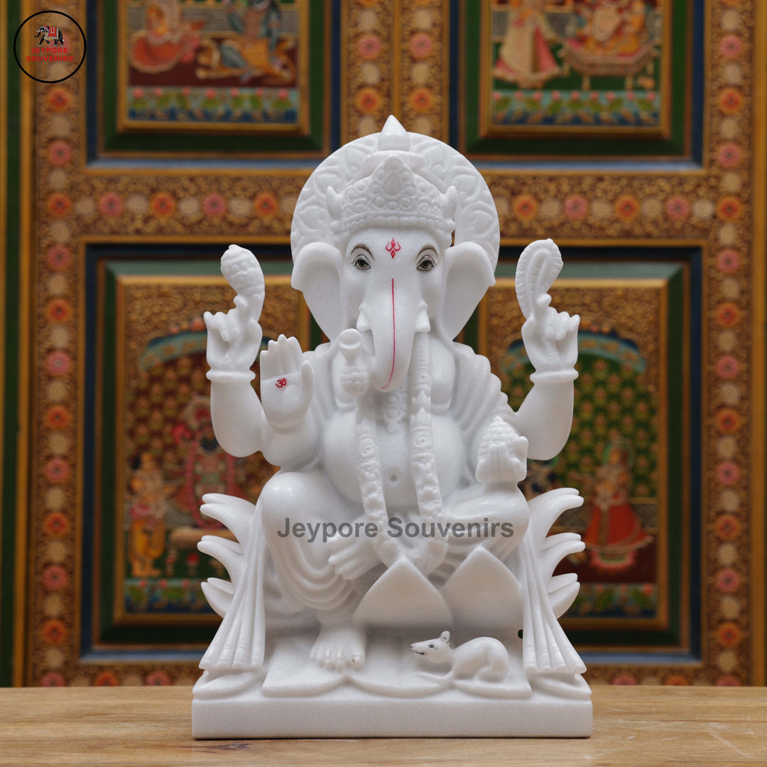 Handcrafted White Marble Lord Ganesha Idol with Ornate Throne