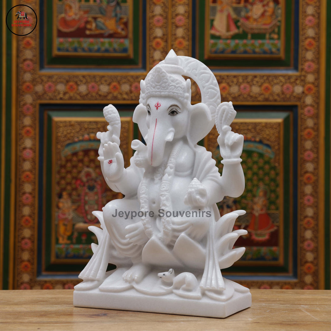 Handcrafted White Marble Lord Ganesha Idol with Ornate Throne