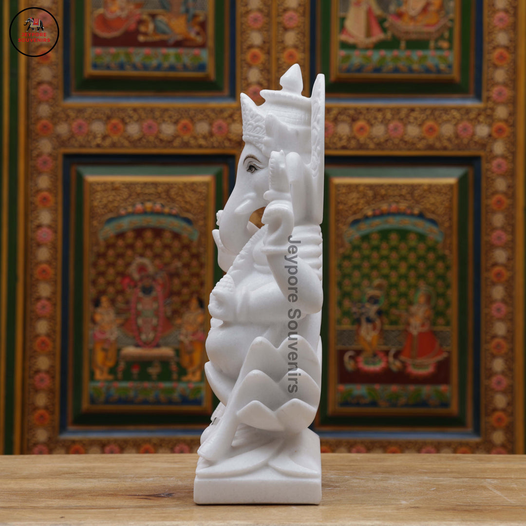 Handcrafted White Marble Lord Ganesha Idol with Ornate Throne
