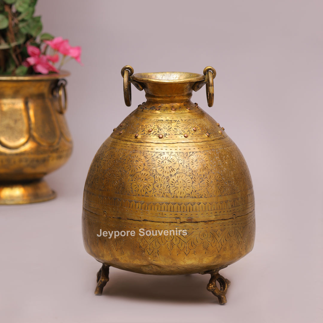 Handcrafted Antique Brass Pot with Ring Handles
