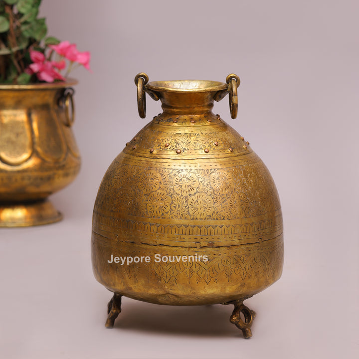 Handcrafted Antique Brass Pot with Ring Handles