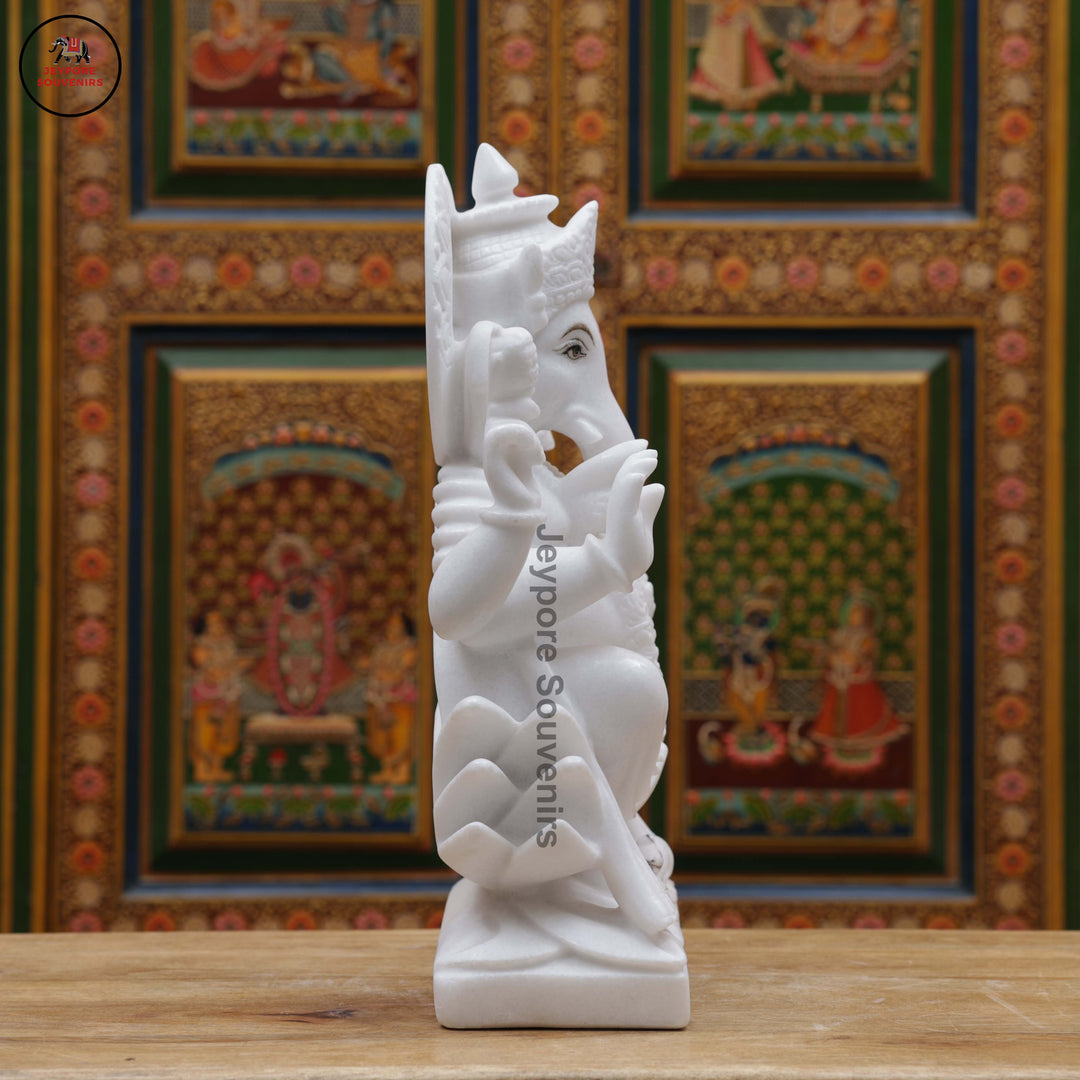 Handcrafted White Marble Lord Ganesha Idol with Ornate Throne