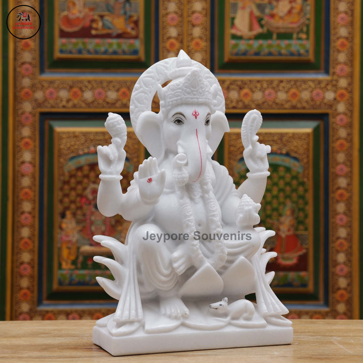 Handcrafted White Marble Lord Ganesha Idol with Ornate Throne