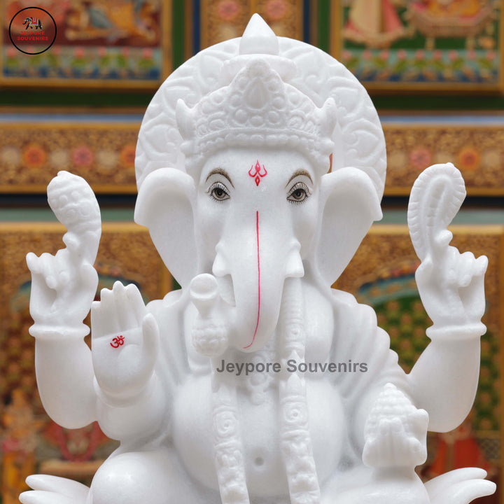 Handcrafted White Marble Lord Ganesha Idol with Ornate Throne