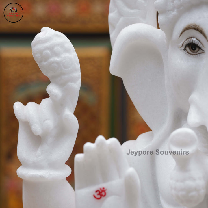 Handcrafted White Marble Lord Ganesha Idol with Ornate Throne