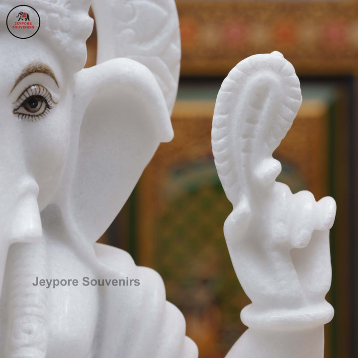 Handcrafted White Marble Lord Ganesha Idol with Ornate Throne