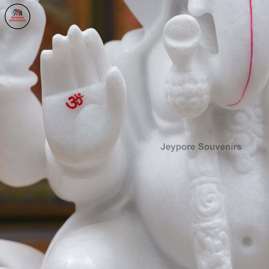 Handcrafted White Marble Lord Ganesha Idol with Ornate Throne
