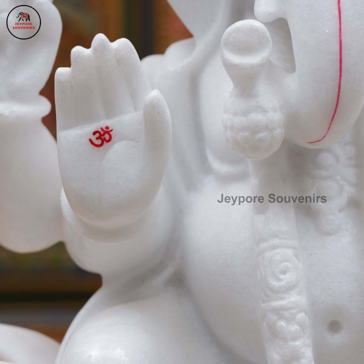 Handcrafted White Marble Lord Ganesha Idol with Ornate Throne