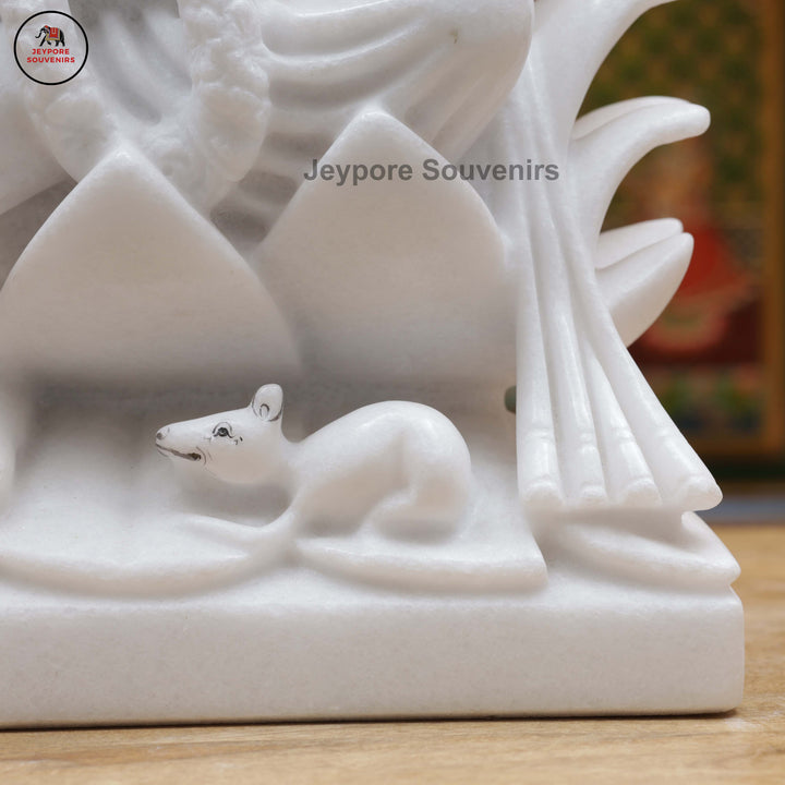 Handcrafted White Marble Lord Ganesha Idol with Ornate Throne
