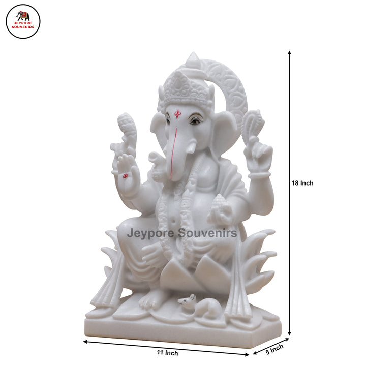 Handcrafted White Marble Lord Ganesha Idol with Ornate Throne