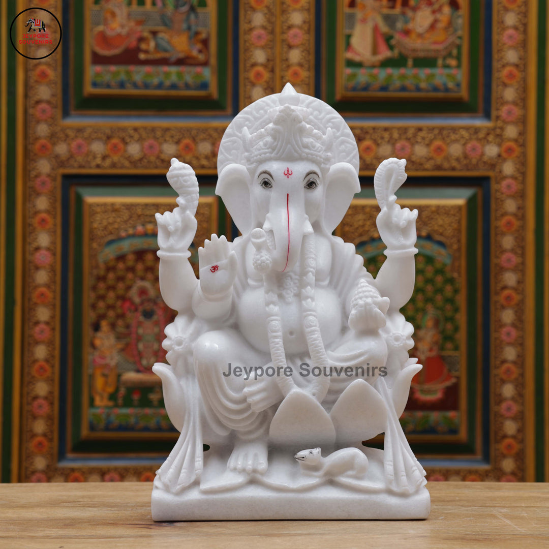 Handcrafted White Marble Lord Ganesha Idol with Lotus Base
