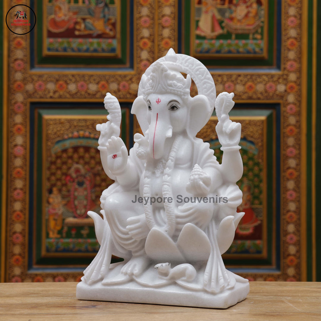 Handcrafted White Marble Lord Ganesha Idol with Lotus Base
