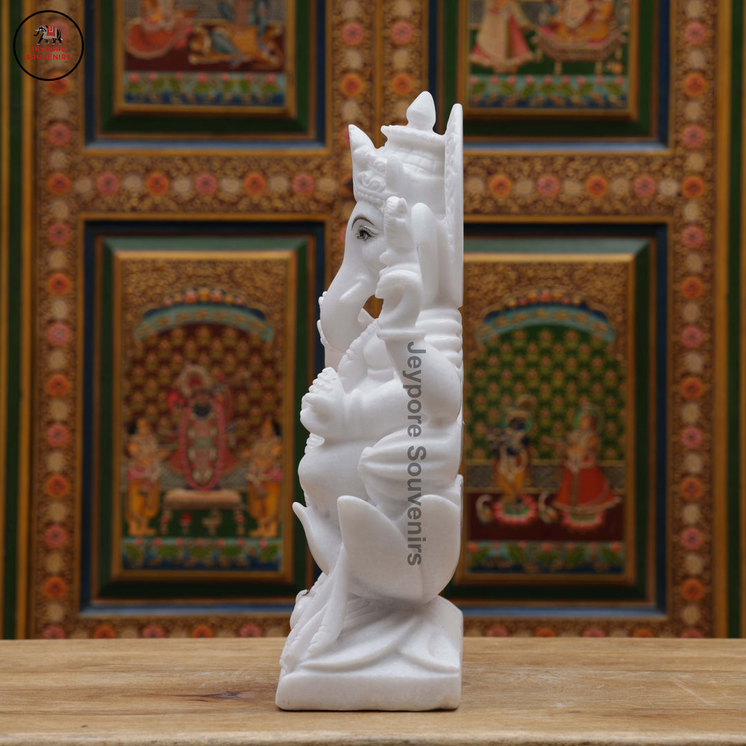 Handcrafted White Marble Lord Ganesha Idol with Lotus Base