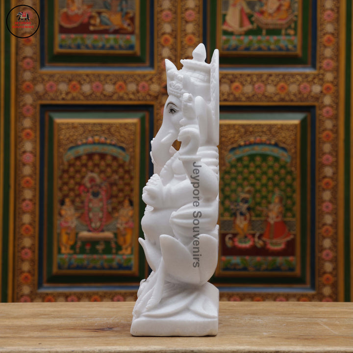 Handcrafted White Marble Lord Ganesha Idol with Lotus Base