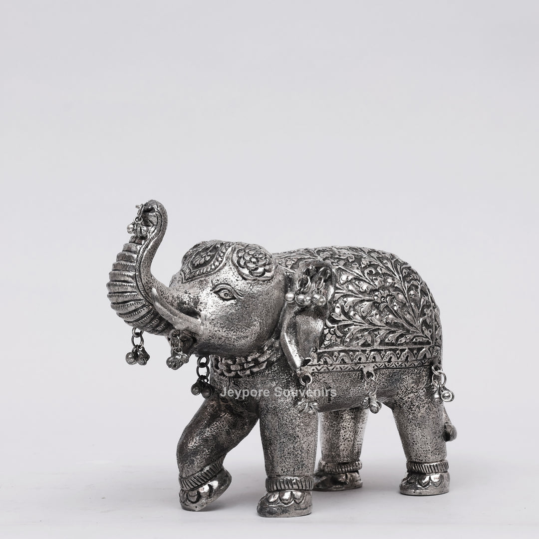 Silver Polished Copper Elephant Showpiece with Decorative Hanging Bells