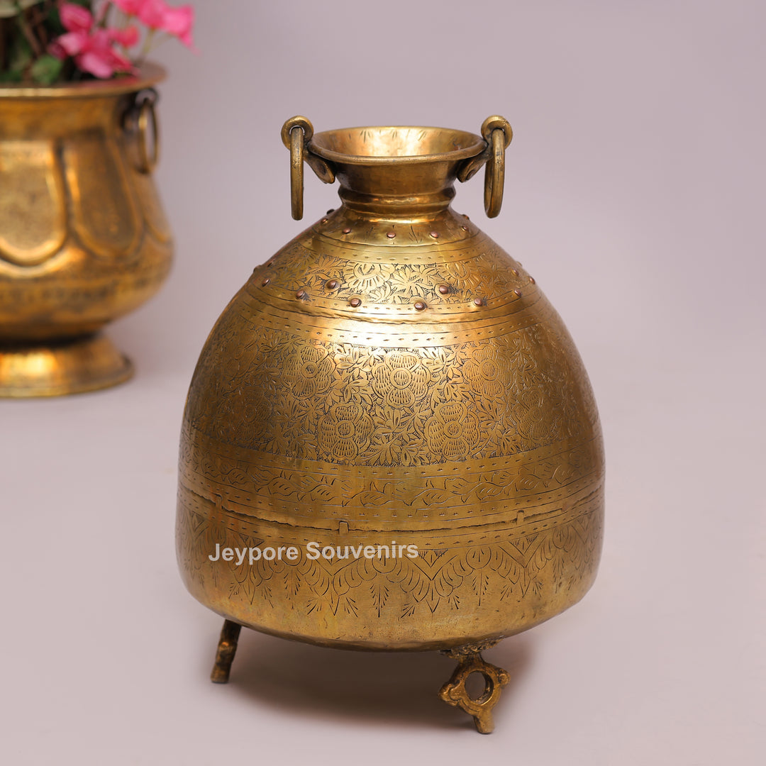 Handcrafted Large Brass Planter with Floral Engraving &amp; Ring Handles