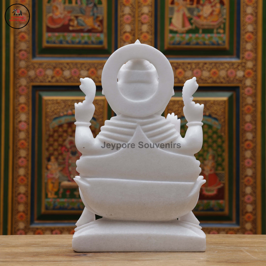 Handcrafted White Marble Lord Ganesha Idol with Lotus Base