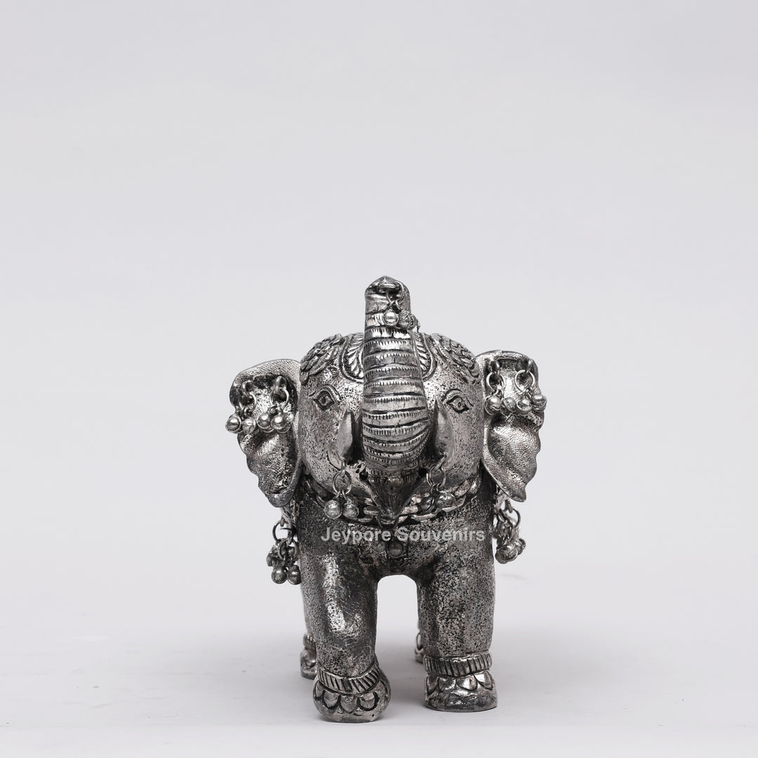 Silver Polished Copper Elephant Showpiece with Decorative Hanging Bells