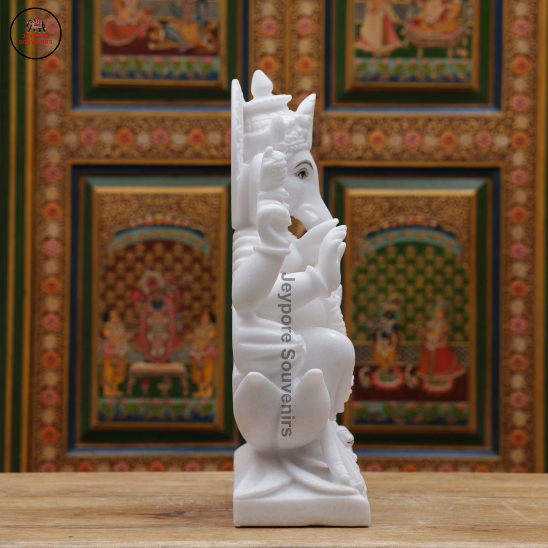 Handcrafted White Marble Lord Ganesha Idol with Lotus Base