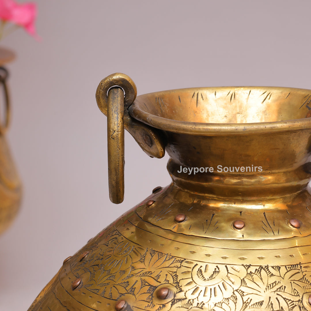 Handcrafted Large Brass Planter with Floral Engraving &amp; Ring Handles