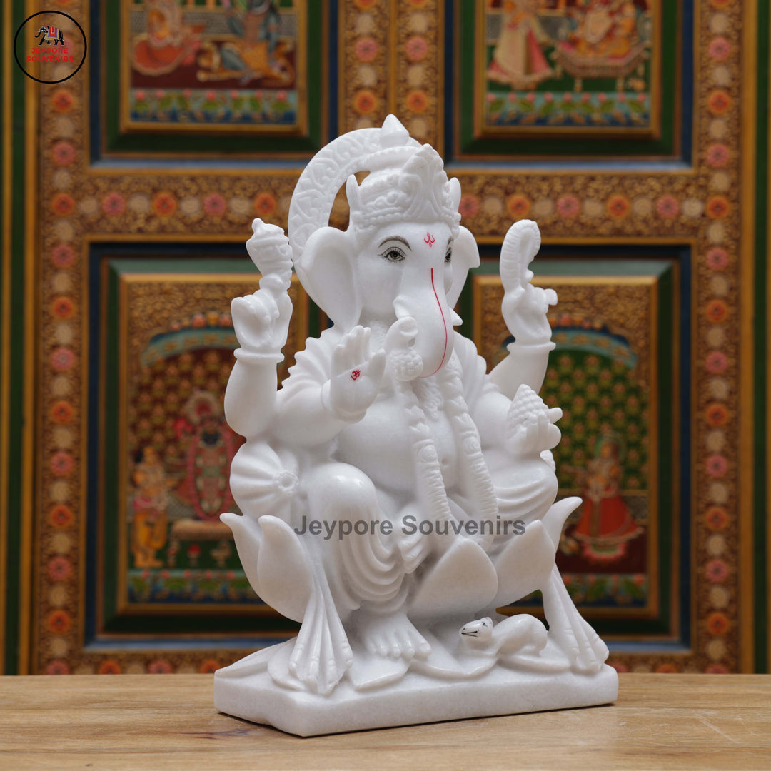 Handcrafted White Marble Lord Ganesha Idol with Lotus Base