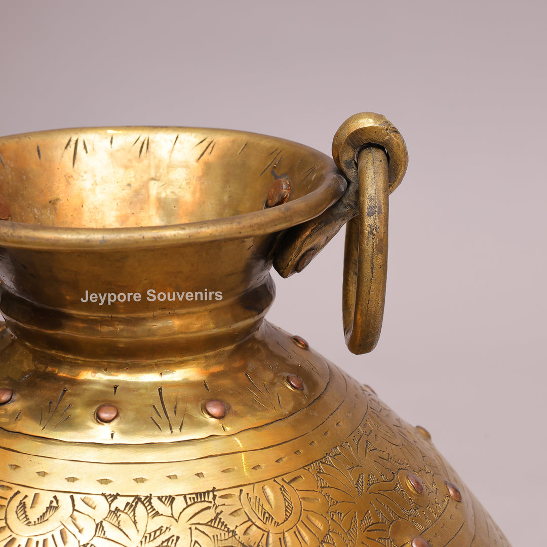 Handcrafted Large Brass Planter with Floral Engraving &amp; Ring Handles