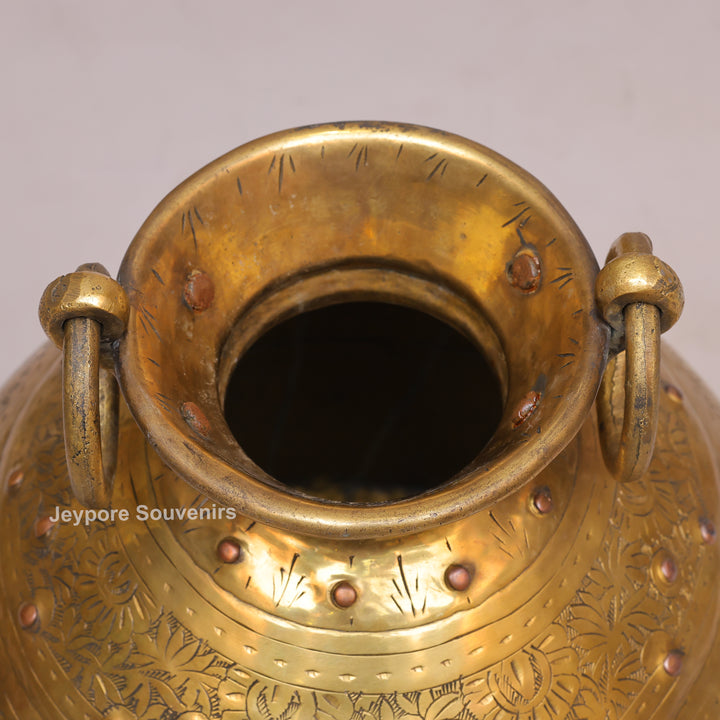 Handcrafted Large Brass Planter with Floral Engraving &amp; Ring Handles