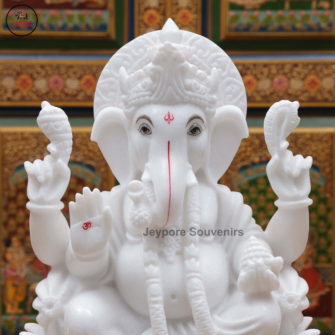 Handcrafted White Marble Lord Ganesha Idol with Lotus Base
