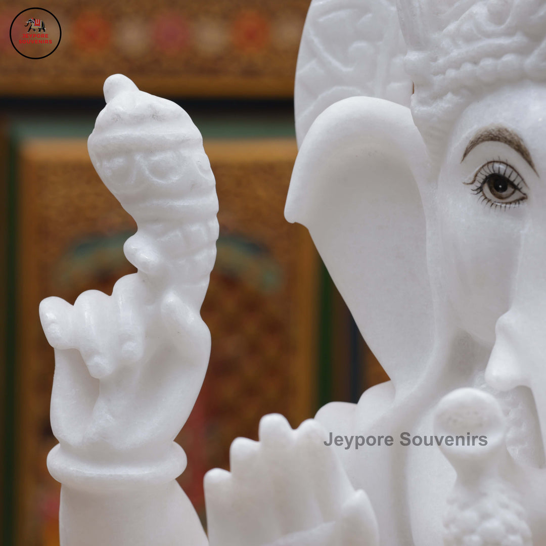 Handcrafted White Marble Lord Ganesha Idol with Lotus Base