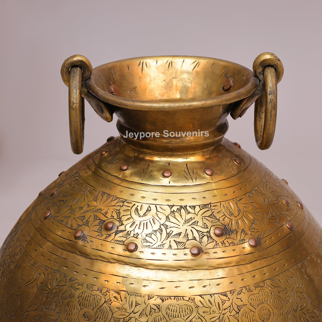 Handcrafted Large Brass Planter with Floral Engraving &amp; Ring Handles