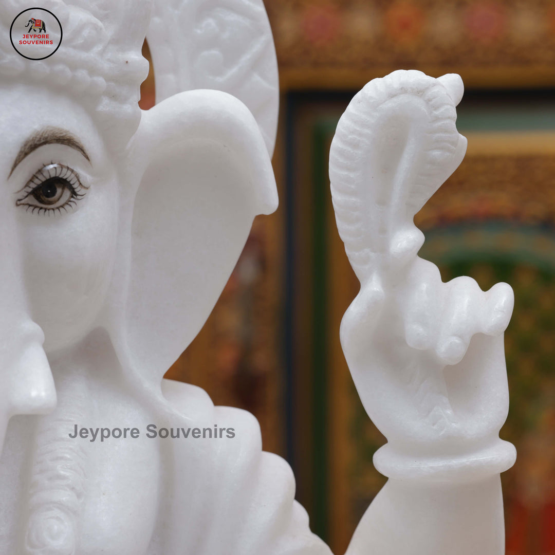 Handcrafted White Marble Lord Ganesha Idol with Lotus Base