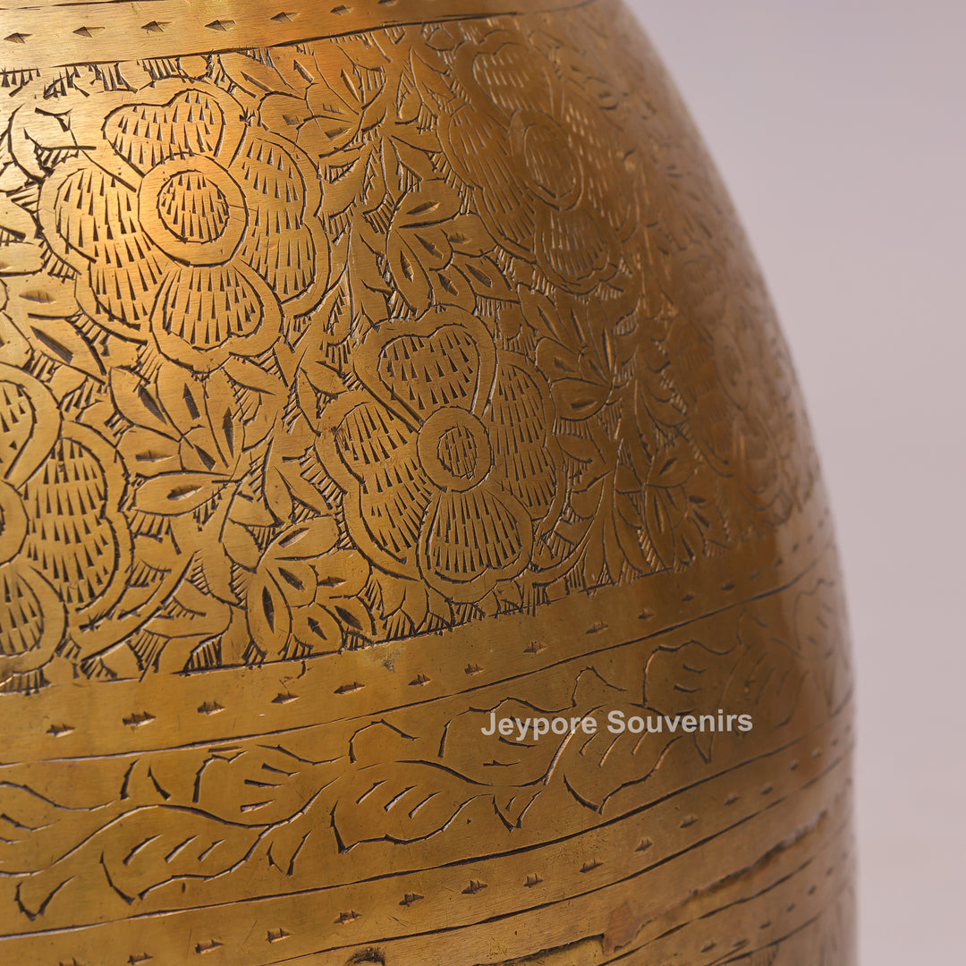 Handcrafted Large Brass Planter with Floral Engraving &amp; Ring Handles