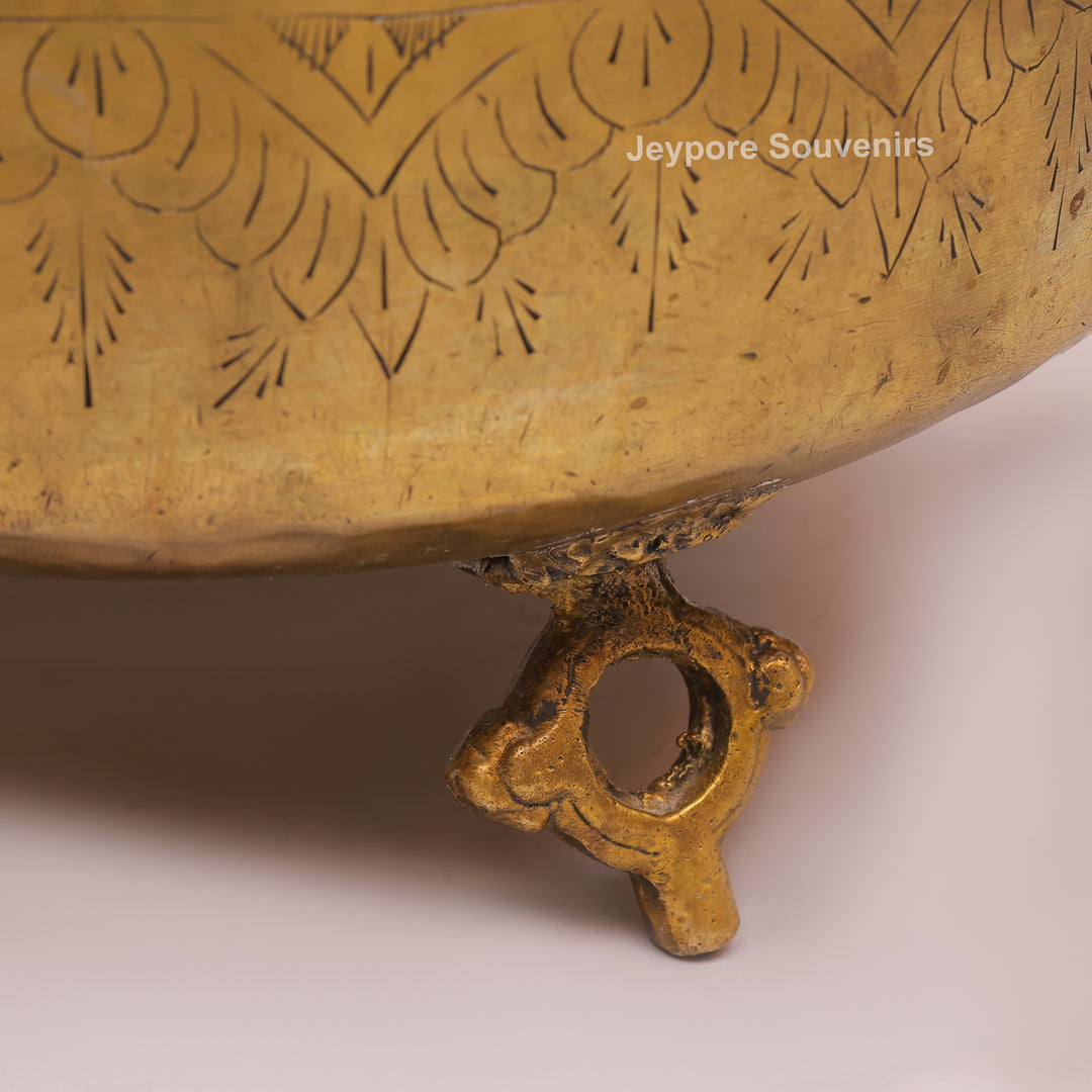 Handcrafted Large Brass Planter with Floral Engraving &amp; Ring Handles