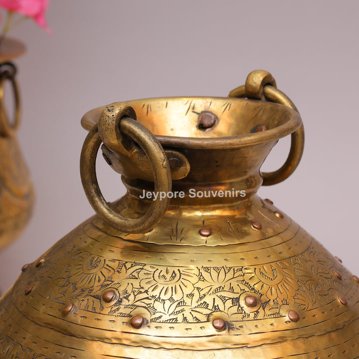 Handcrafted Large Brass Planter with Floral Engraving &amp; Ring Handles