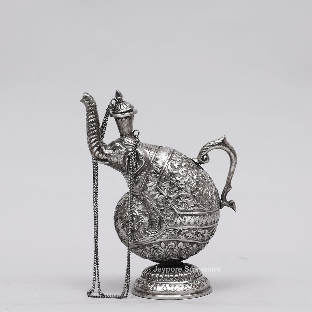 Hand-Engraved Silver Polished Copper Elephant Surahi Showpiece