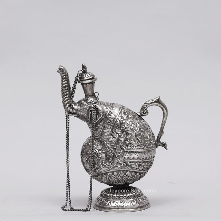 Hand-Engraved Silver Polished Copper Elephant Surahi Showpiece