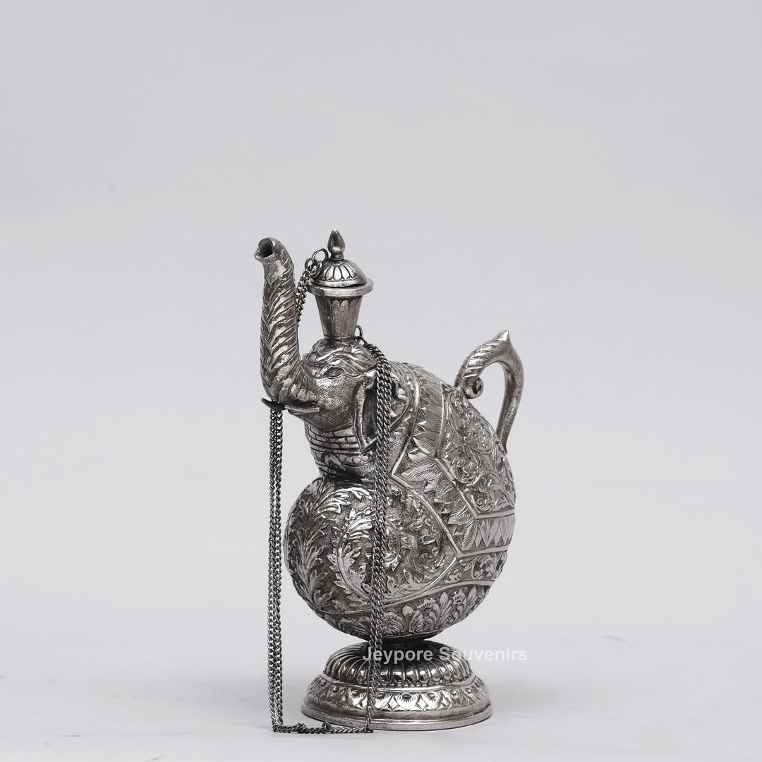 Hand-Engraved Silver Polished Copper Elephant Surahi Showpiece
