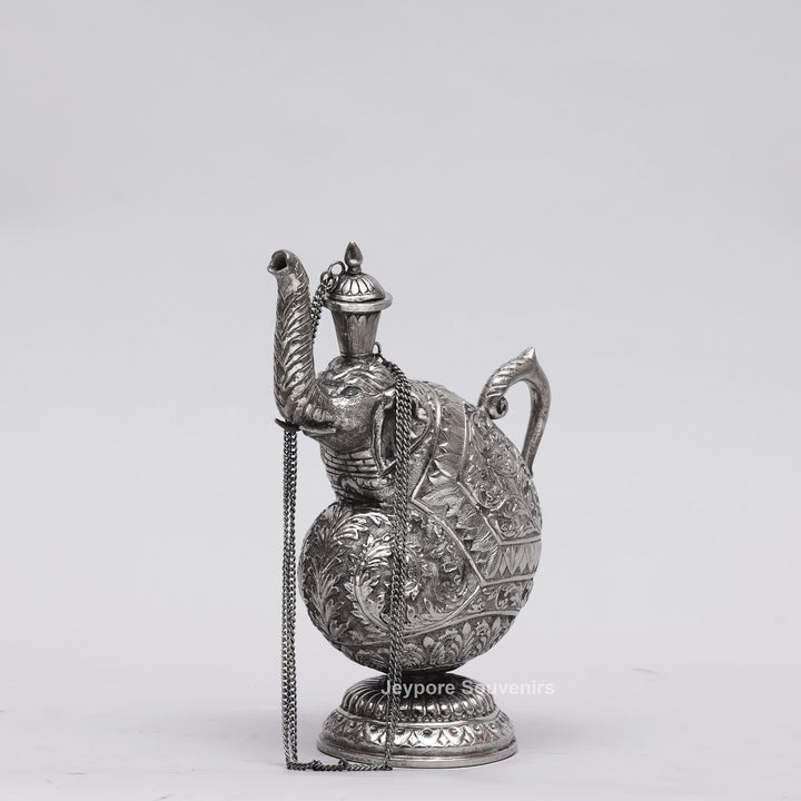 Hand-Engraved Silver Polished Copper Elephant Surahi Showpiece