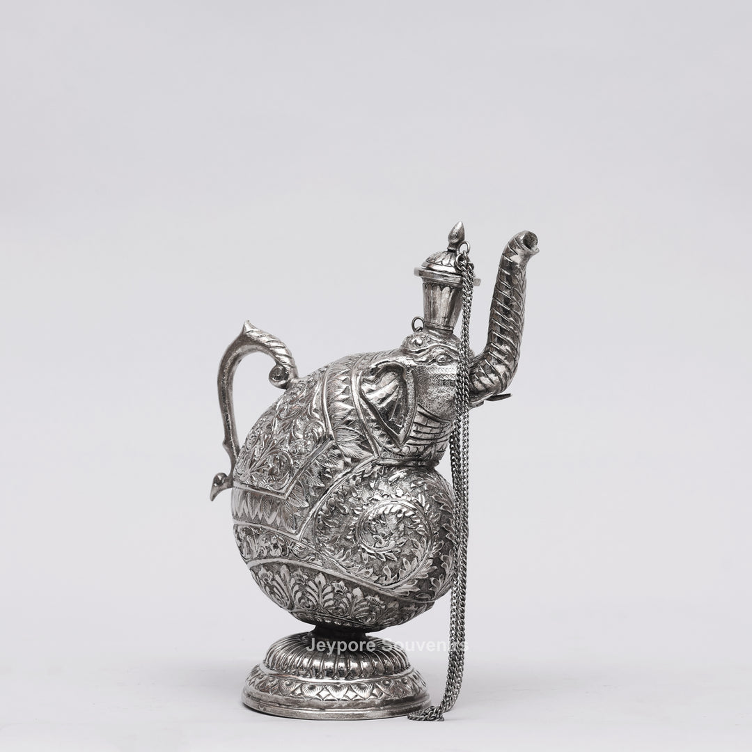 Hand-Engraved Silver Polished Copper Elephant Surahi Showpiece
