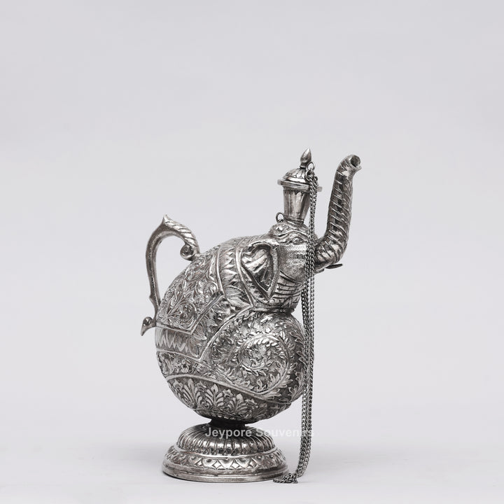 Hand-Engraved Silver Polished Copper Elephant Surahi Showpiece