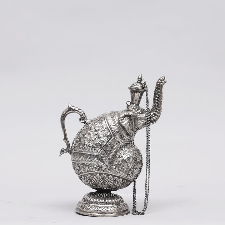 Hand-Engraved Silver Polished Copper Elephant Surahi Showpiece
