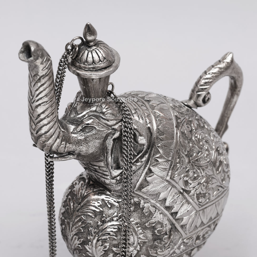 Hand-Engraved Silver Polished Copper Elephant Surahi Showpiece
