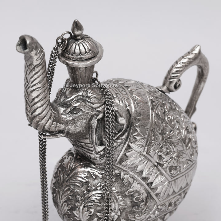 Hand-Engraved Silver Polished Copper Elephant Surahi Showpiece