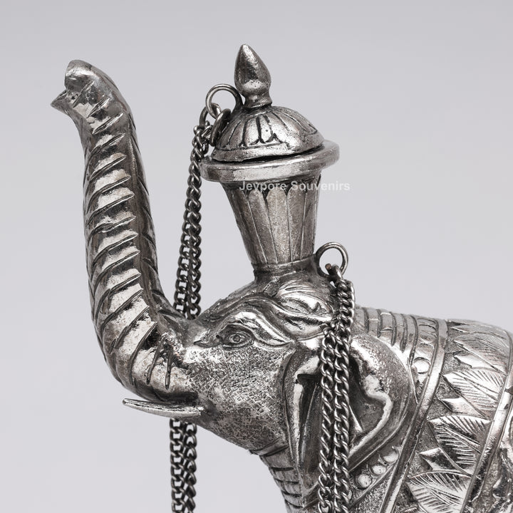 Hand-Engraved Silver Polished Copper Elephant Surahi Showpiece